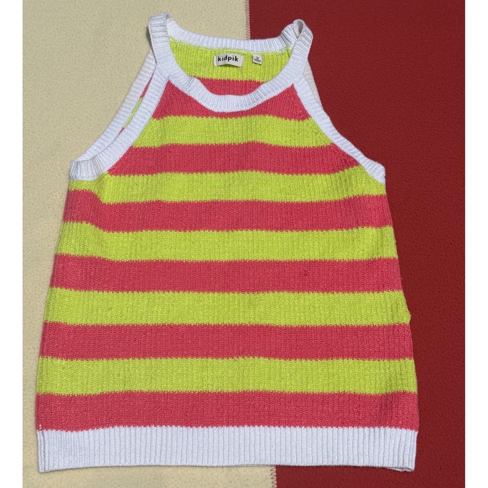 Y2K Kidpik Girls XL 14 Neon Pink Lime Green Striped Knit Halter Sweater Tank Top